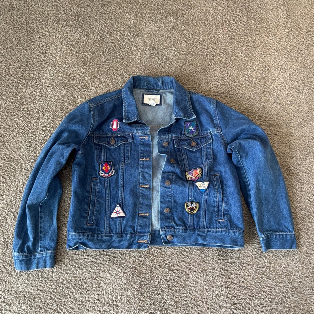 Forever 21 Blue Denim Jacket with Embroidered Patch Accents